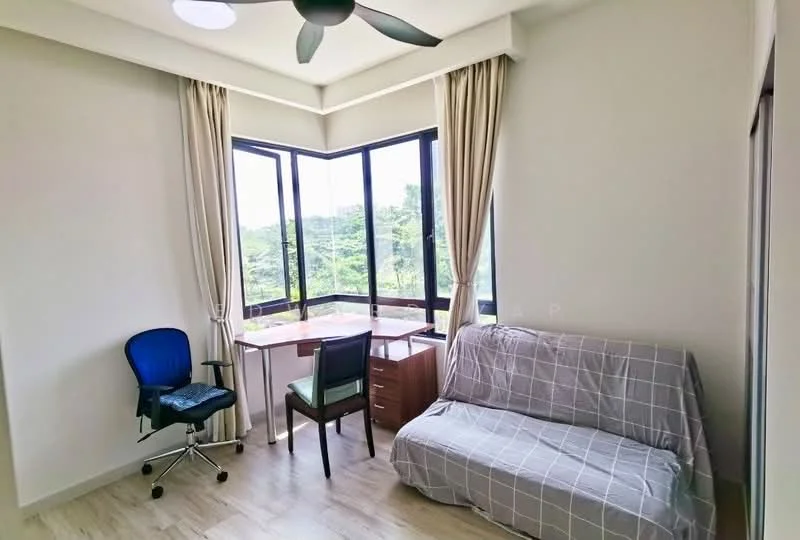 Room features: floor-to-ceiling windows, curtains, wooden desk, office chair, sofa bed, laminate flooring, ceiling fan, natural light, view of greenery; style: modern; view: garden.