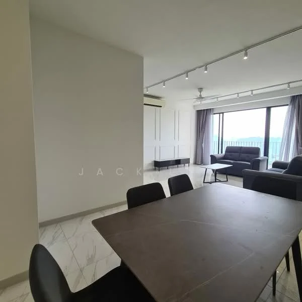Living features: floor-to-ceiling windows, grey curtains, 3-seater fabric sofa in dark grey, 2-seater fabric sofa in dark grey, marble tile flooring, recessed downlights, wall-mounted split AC, coffee table, area rug, open layout, city view; style: modern; view: city. Dining features: rectangular dining table, black dining chairs, minimalist design; style: modern.