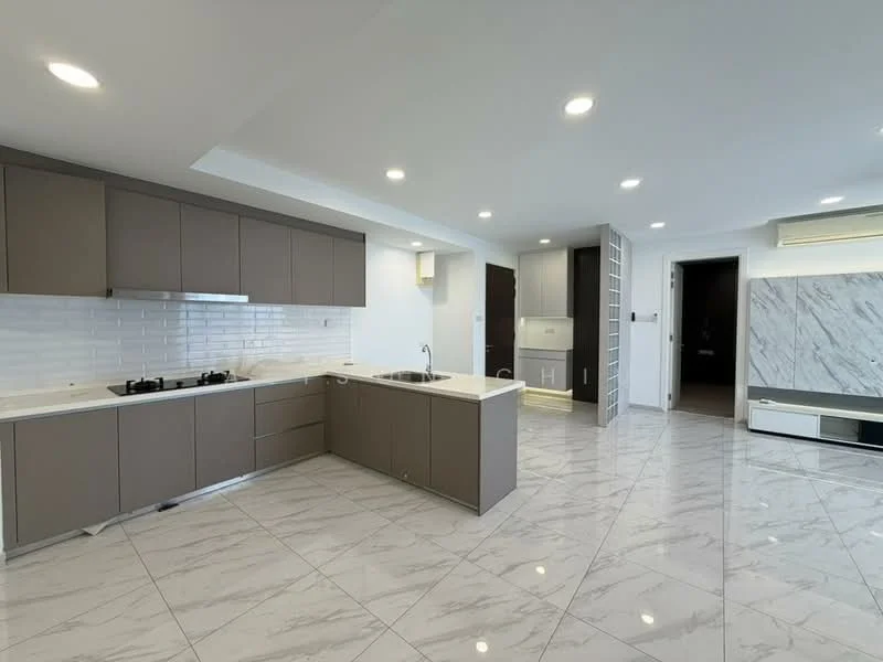 Kitchen features: grey flat-panel cabinets, white quartz countertop, stainless-steel sink, chrome pull-down faucet, 4-burner gas hob, built-in oven, white tiled backsplash, marble tile flooring, recessed LED downlights, open layout, island with seating, wall-mounted cabinets; style: modern. Living features: marble tile flooring, wall-mounted TV console, recessed LED downlights, open layout, large windows, neutral wall color; style: modern.