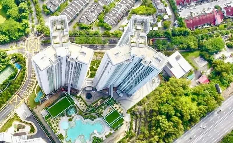 Exterior type: high-rise condominium; features: three interconnected towers, infinity pool, landscape garden, manicured lawns, surrounding greenery, driveway access, parking area, swimming pool deck, children's playground, jogging track; style: modern.