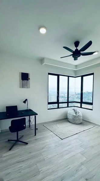 Study features: light wood flooring, white painted walls, 5-blade ceiling fan with light, floor-to-ceiling windows, black desk, black chair, bean bag chair, abstract wall art, area rug; style: modern; view: city.