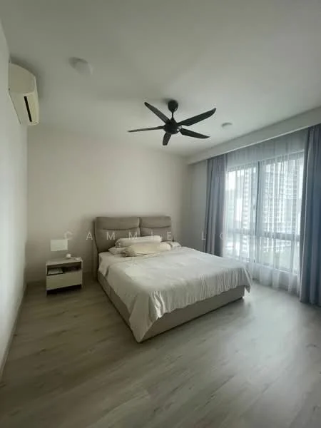 Bedroom features: queen-size bed, upholstered headboard, bedside table, floor-to-ceiling windows, sheer curtains, 5-blade ceiling fan, light-colored walls, laminate flooring, air conditioning unit; style: modern; view: city.