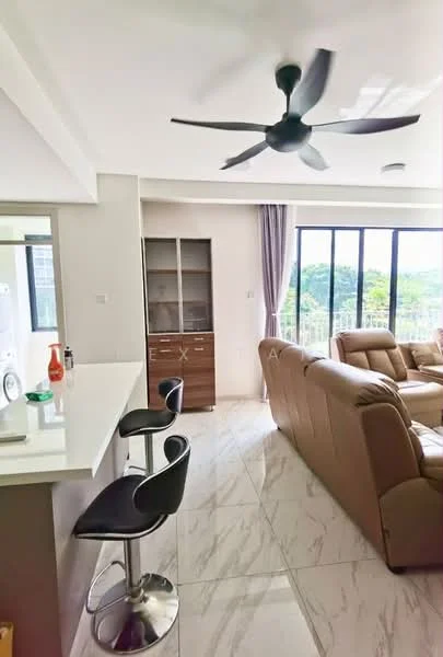 Living features: 5-blade ceiling fan, large floor-to-ceiling windows, light grey walls, marble tile flooring, brown leather sofa, coffee table, TV console, curtains, open layout to kitchen, bar stools at counter; style: modern; view: garden. Kitchen features: white cabinetry, countertop with bar seating, stainless-steel appliances, kitchen sink, open layout to living area; style: modern.