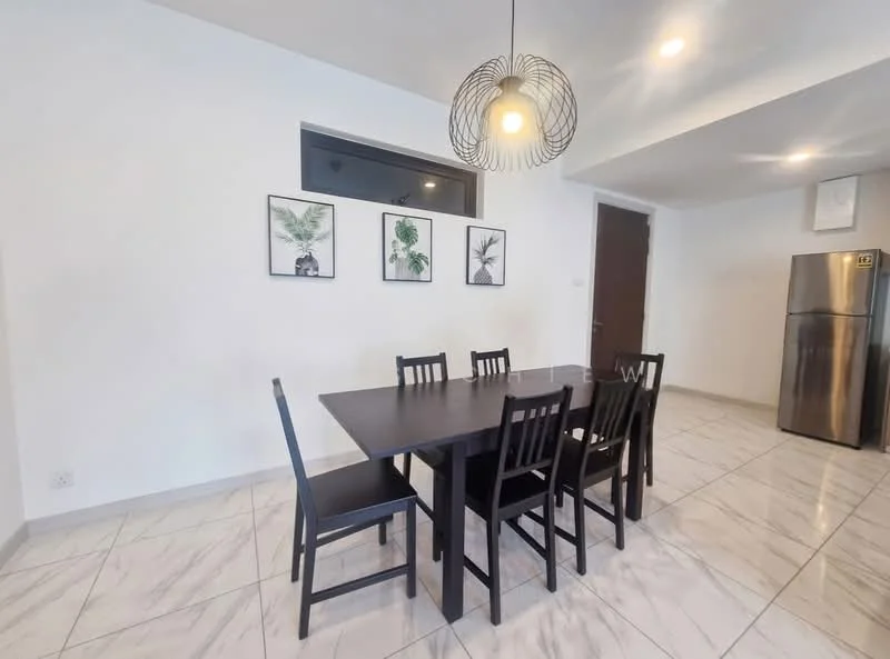 Dining features: 6-seater dining table, black wooden dining chairs, pendant light fixture, white painted walls, large window, marble tile flooring, framed botanical artwork, stainless-steel fridge; style: modern.