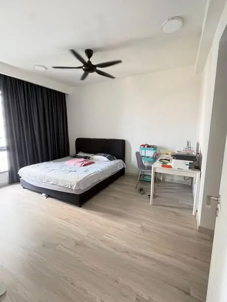 Bedroom features: king-size bed with dark upholstered headboard, white bedding with decorative pillows, light wood laminate flooring, blackout curtains, 5-blade ceiling fan, study desk with chair, open shelving unit, window with city view; style: modern; view: city.