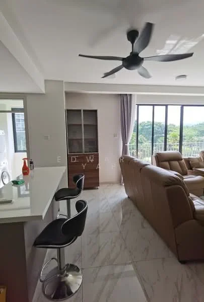 Living features: 3-seater leather sofa, 2-seater leather sofa, coffee table, TV console, wall-mounted TV, area rug, ceiling fan, floor-to-ceiling windows, curtains, marble tile flooring, open-plan layout, decorative wall unit; style: modern; view: garden. Kitchen features: bar counter with stools, white cabinetry, stainless-steel sink, built-in appliances, countertop space; style: modern.