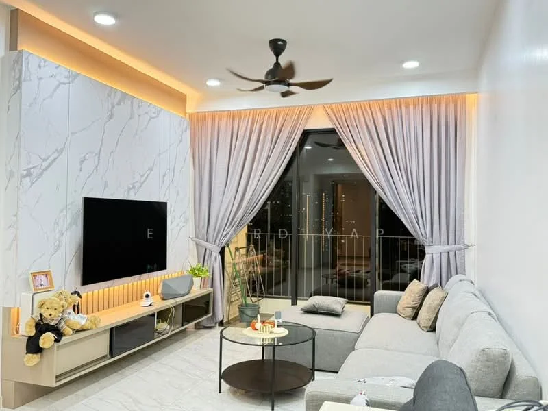 Living features: grey L-shape sectional sofa, round coffee table, wall-mounted TV, light wood TV console, marble accent wall, recessed downlights, 5-blade ceiling fan with light, floor-to-ceiling windows with sheer curtains, balcony view, decorative wall with LED strip lighting, houseplants in ceramic pots, decorative teddy bear; style: modern; view: city.