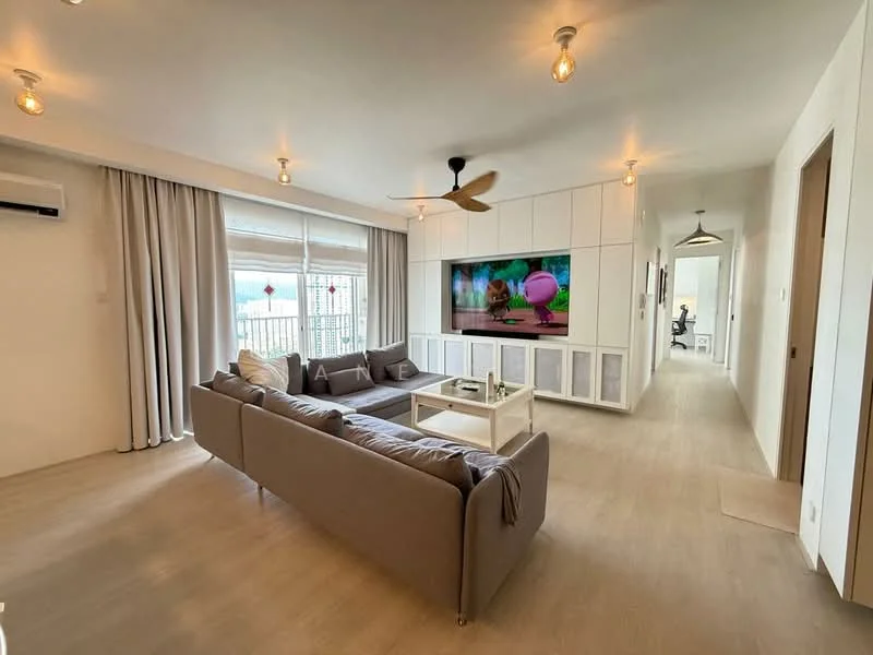 Living features: 3-seater fabric sofa in grey, coffee table, wall-mounted TV, ceiling fan with light, recessed downlights, floor-to-ceiling windows, sheer curtains, light wood flooring, decorative wall paneling, open layout, decorative artwork, area rug; style: modern; view: city.