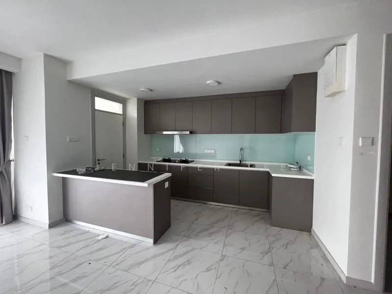 Kitchen features: grey cabinetry, white countertop, stainless-steel sink, chrome pull-down faucet, built-in oven, stove with 4 burners, glass backsplash, recessed downlights, marble tile flooring, floor-to-ceiling windows, open layout, island counter, ventilation hood; style: modern.