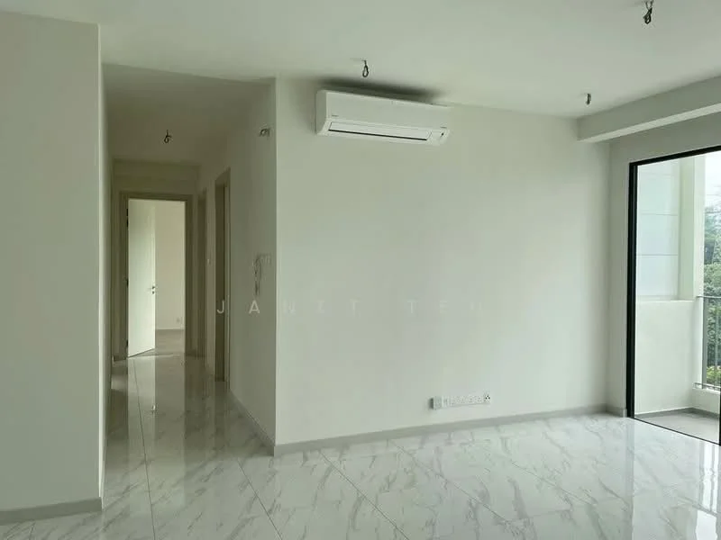 Room features: white painted walls, marble tile flooring, 1 wall-mounted split AC, sliding glass door, floor-to-ceiling windows, recessed downlights, neutral color scheme, open layout; style: modern; view: garden.