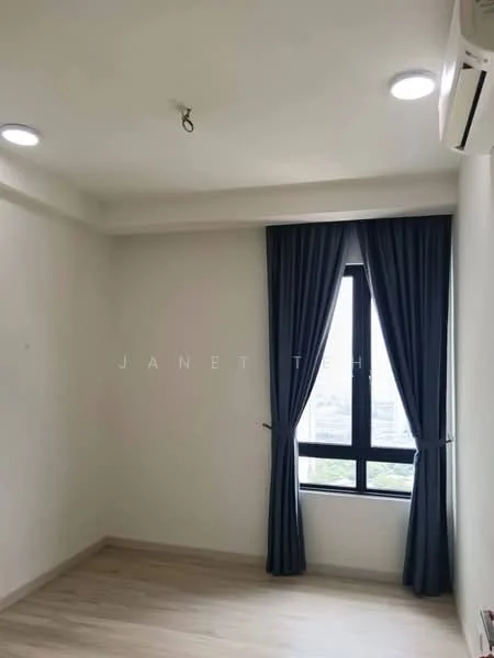 Room features: light-colored walls, wooden flooring, recessed downlights, floor-to-ceiling window, blue curtains, wall-mounted split AC; style: modern; view: city.