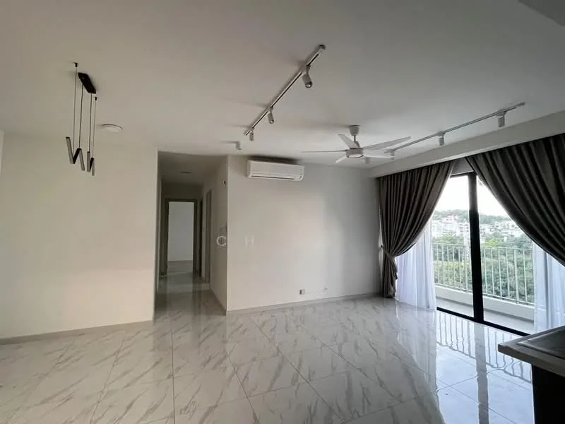 Living features: marble tile flooring, white painted walls, 5-blade ceiling fan, recessed LED downlights, sliding glass door, floor-to-ceiling windows, sheer curtains, curtains in grey, air conditioning unit; style: modern; view: city.
