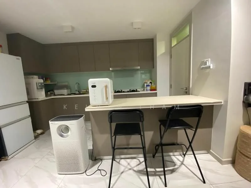 Kitchen features: brown cabinetry, white countertop, stainless-steel fridge, built-in oven, microwave, kitchen island with seating, white air purifier, ceramic tile flooring, glass backsplash, recessed ceiling lights; style: modern.