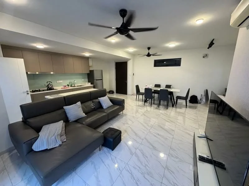 Living features: 3-seater leather sofa in grey, black ottoman, wall-mounted TV, TV console, area rug, ceiling fan with light, recessed downlights, marble tile flooring, white painted walls, sliding glass door, dining table with 6 chairs, kitchen area with cabinets, stainless-steel fridge; style: modern.