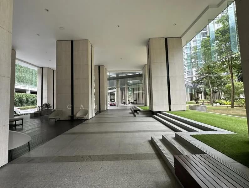 Exterior type: high-rise condominium; features: glass curtain wall, stone cladding, manicured lawn, landscape garden, outdoor seating area, steps leading to garden, modern architectural design, large glass entrance, paved walkway, surrounded by greenery; style: modern.