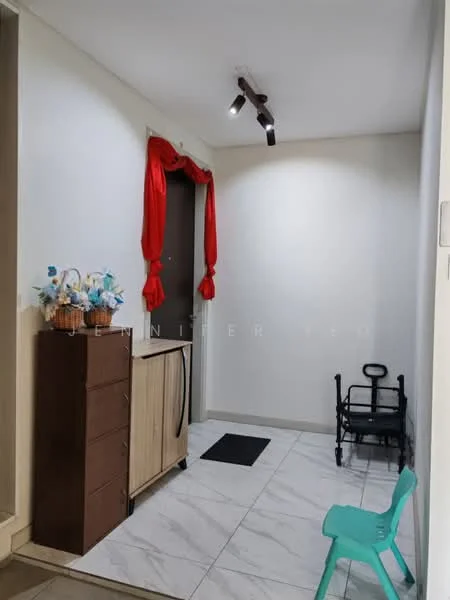 Room features: white painted walls, tile flooring, recessed downlights, wooden cabinet, brown dresser, black doormat, decorative flowers in vase, red curtain, small green chair, walker; style: modern.