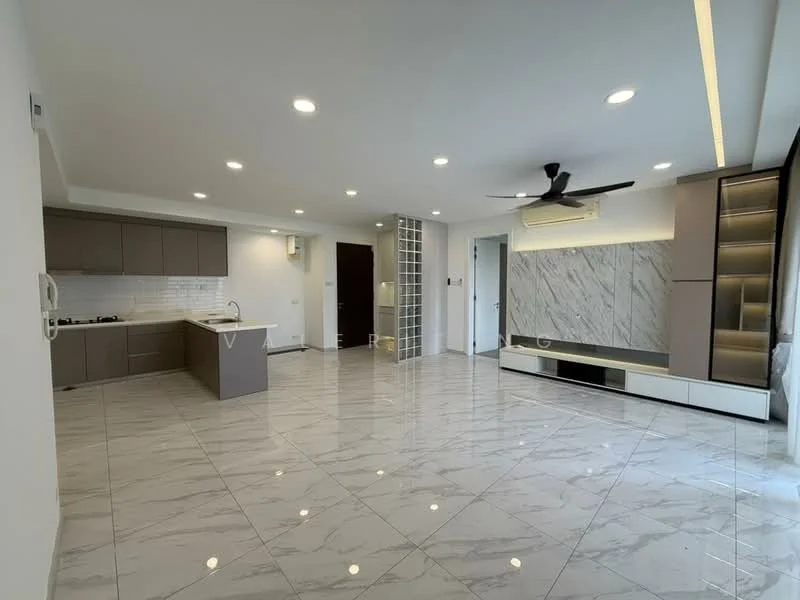 Living features: marble tile flooring, white painted walls, recessed downlights, 5-blade ceiling fan with light, floor-to-ceiling windows, wall-mounted TV console, built-in cabinetry, open layout to kitchen, kitchen island, sliding glass door, natural light from windows; style: modern. Kitchen features: marble countertop, stainless-steel sink, built-in oven, freestanding range oven, kitchen cabinetry, ceramic tile backsplash; style: modern.