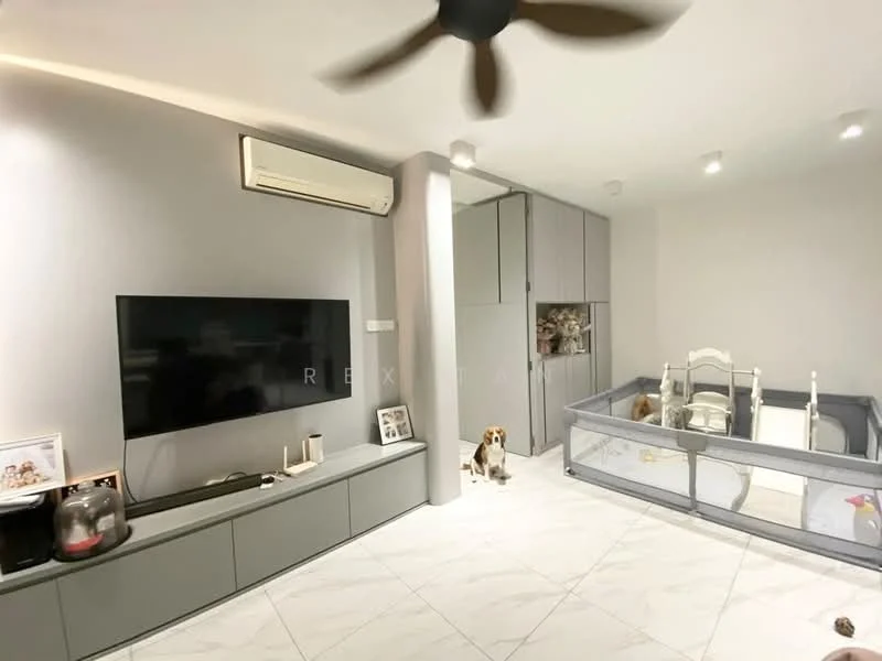 Living features: wall-mounted TV, grey cabinetry, white marble tile flooring, 5-blade ceiling fan, air conditioning unit, decorative wall art, open shelving, playpen, beagle dog, light grey painted walls, recessed lighting; style: modern.