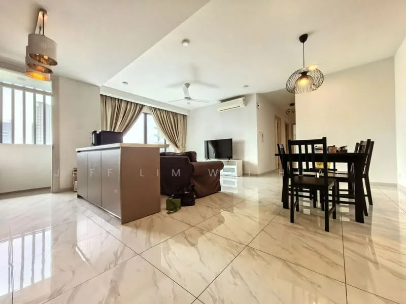 Living features: marble tile flooring, cream painted walls, 5-blade ceiling fan with light, sofa in dark grey, wall-mounted TV, coffee table, area rug, window with sheer curtains, decorative pendant light; style: modern. Dining features: 6-seater dining table, black dining chairs, pendant light above table; style: modern.