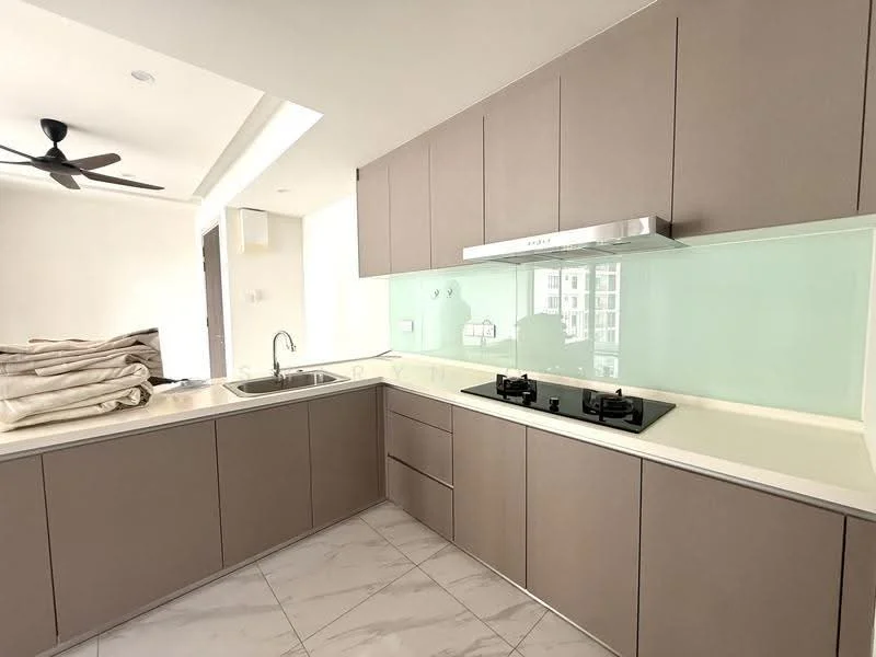 Kitchen features: L-shaped kitchen layout, light brown cabinetry, white countertop, stainless-steel sink, chrome pull-down faucet, built-in gas hob with two burners, green glass backsplash, marble tile flooring, ceiling fan, open shelving, window for natural light; style: modern.