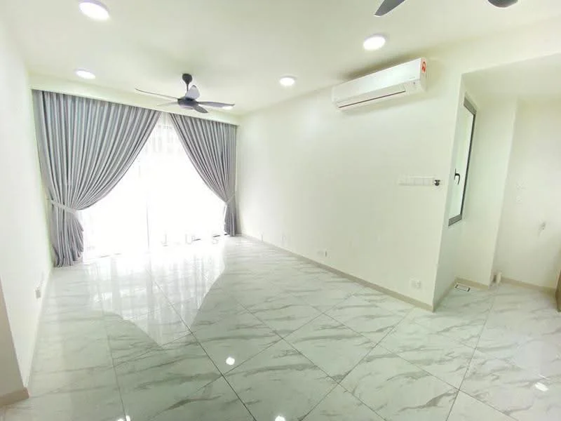 Living features: white painted walls, marble tile flooring, 5-blade ceiling fan with light, recessed downlights, floor-to-ceiling windows, sheer curtains, wall-mounted split AC, sliding glass door, light grey curtains; style: modern.