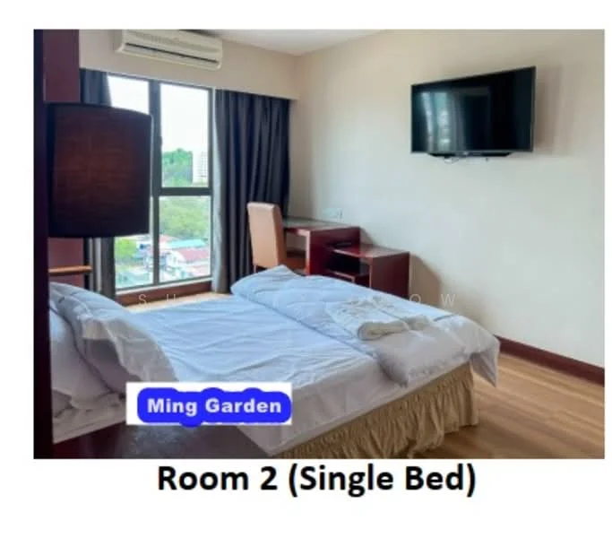 Bedroom features: single bed with white bedding, wooden flooring, wall-mounted TV, desk with chair, window with city view, blackout curtains, air conditioning unit, light fixture; style: modern; view: city.