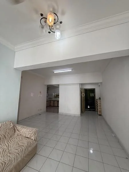 Living features: white painted walls, glossy white tile flooring, chandelier with multiple bulbs, ceiling rose, large open space, neutral color scheme, natural light from doorway, no visible furniture; style: modern. Room features: white painted walls, glossy white tile flooring, doorway leading to kitchen, doorway leading to hallway.