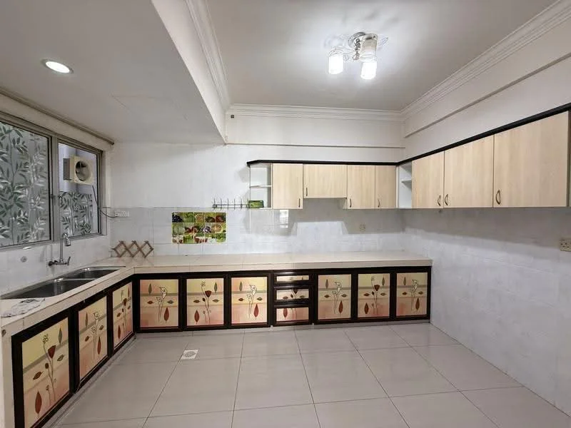 Kitchen features: double-bowl stainless-steel sink, chrome pull-down faucet, laminate countertop, cabinets with wood finish, decorative cabinet doors with floral design, built-in oven, ceramic tile flooring, recessed downlights, window with sheer curtains, wall-mounted shelving, tile backsplash, kitchen island, open layout; style: modern.