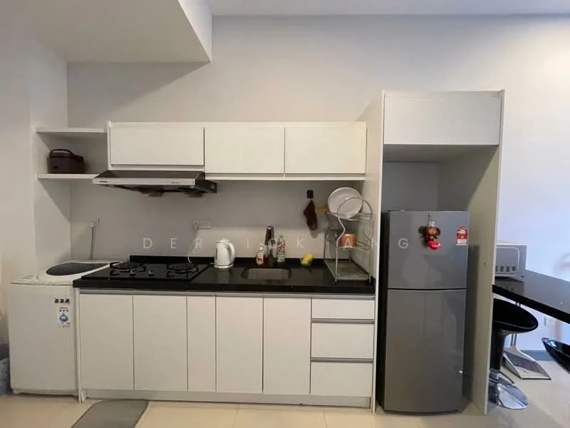 Kitchen features: white cabinetry, black countertop, stainless-steel sink, chrome pull-down faucet, built-in gas hob, built-in range hood, freestanding refrigerator, washing machine, open shelving, tile flooring, wall-mounted storage, kitchen utensils on wall; style: modern.