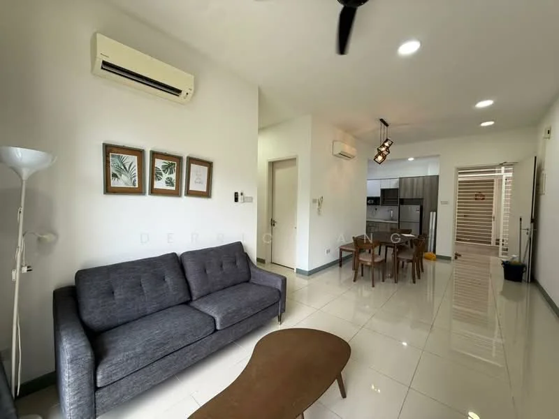Living features: 3-seater fabric sofa in grey, coffee table, floor lamp, wall-mounted split AC, recessed downlights, white painted walls, glossy tile flooring, decorative wall art, ceiling fan; style: modern. Dining features: 4-seater dining table, wooden dining chairs, open layout to kitchen, white walls, glossy tile flooring; style: modern. Kitchen features: kitchen cabinets, stainless-steel appliances, open layout to dining area, white walls, glossy tile flooring; style: modern.