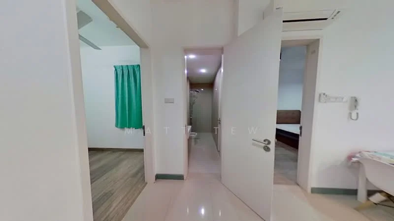 Room features: white painted walls, tile flooring, doorway with modern handle, green curtain, ceiling fan, air conditioning unit, light fixtures, visible hallway; style: modern.