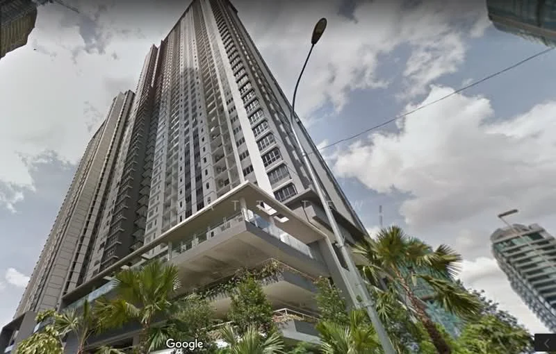 Exterior type: high-rise condominium; features: glass curtain wall, balconies on multiple floors, landscaped terrace with greenery, palm trees in foreground, modern architectural design, approximately 30-storey high-rise, surrounded by urban landscape; style: modern.