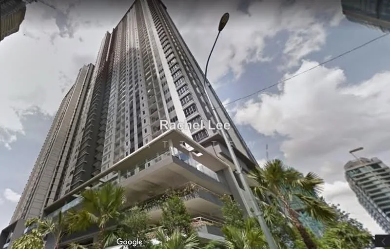 Exterior type: high-rise condominium; features: glass curtain wall, balconies with greenery, multiple storeys, surrounded by palm trees, modern architectural design, street view, urban context; style: modern.
