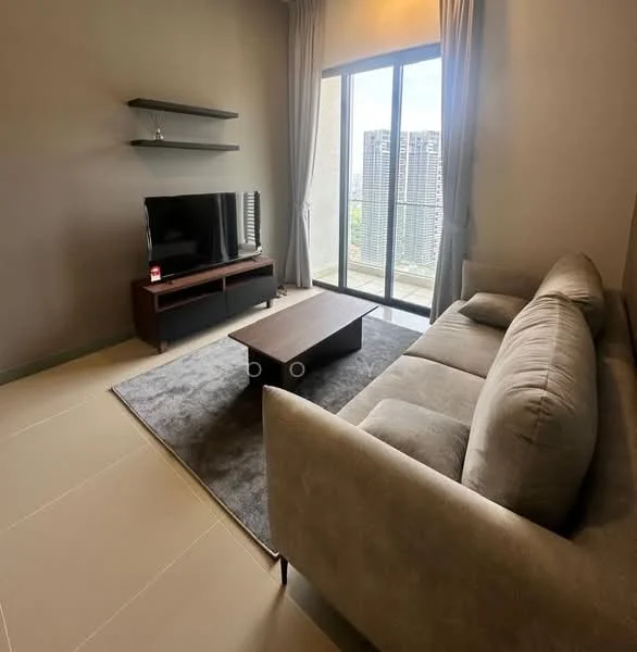 Living features: 3-seater fabric sofa in beige, coffee table, TV console, wall-mounted TV, area rug, floor-to-ceiling windows, curtains, light-colored walls, tile flooring; style: modern; view: city.