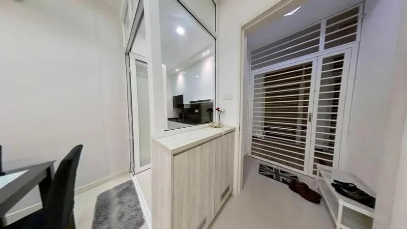 Room features: white painted walls, light grey flooring, glass door, wooden console table, decorative flower vase, sliding louvered door, open space layout, recessed ceiling lights; style: modern.