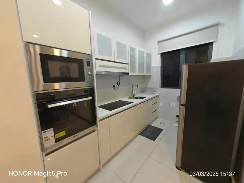 Kitchen features: white cabinetry with flat-panel doors, stainless-steel built-in oven, stainless-steel microwave, stainless-steel fridge, single-bowl stainless-steel sink, chrome pull-down faucet, black countertop, ceramic tile flooring, wall-mounted extractor hood, window with roller blinds, light-colored wall tiles, under-cabinet lighting; style: modern.