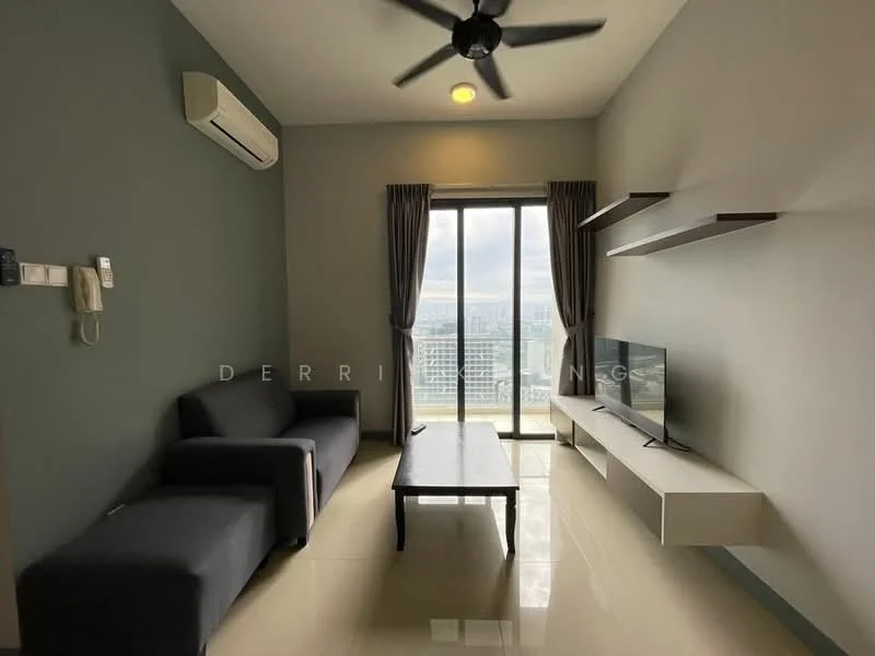 Living features: 3-seater fabric sofa in dark grey, coffee table, wall-mounted TV, TV console, floor-to-ceiling windows, curtains, 1 wall-mounted split AC, ceiling fan, light fixture, cream tiled flooring, grey accent wall, shelves; style: modern; view: city.