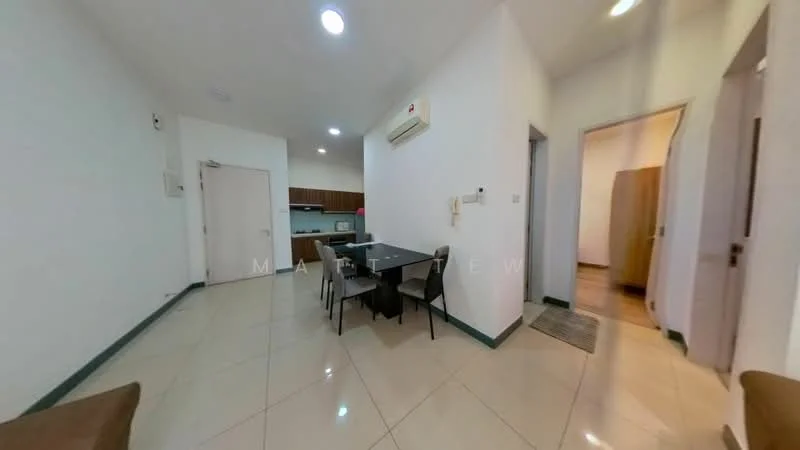 Dining features: white painted walls, glossy tile flooring, ceiling lights, 1 wall-mounted split AC, dining table with 4 chairs, open layout to kitchen, doorway to hallway, doorway to bedroom, neutral color scheme; style: modern. Kitchen features: wood cabinetry, stainless-steel appliances, countertop with backsplash, open layout to dining area; style: modern.