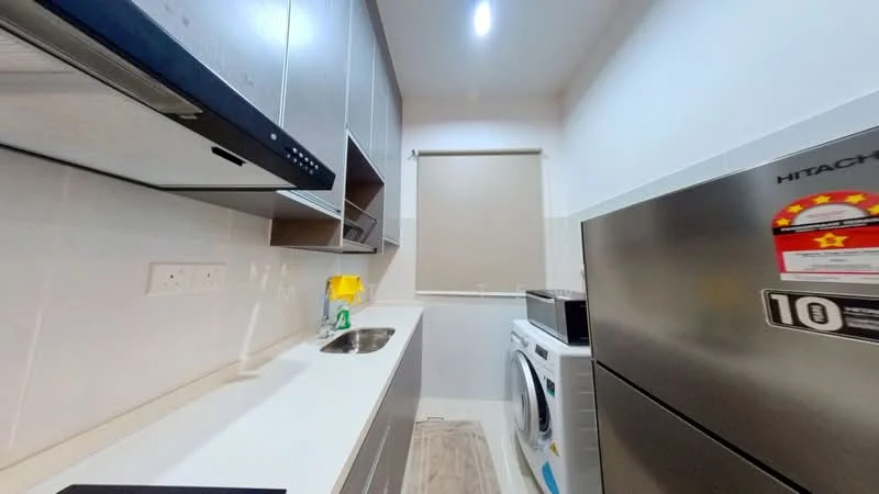 Kitchen features: white cabinets, stainless-steel sink, chrome pull-down faucet, white countertop, built-in oven, freestanding washing machine, stainless-steel fridge, tile backsplash, window with roller blinds, light fixture, wood-look vinyl flooring; style: modern.