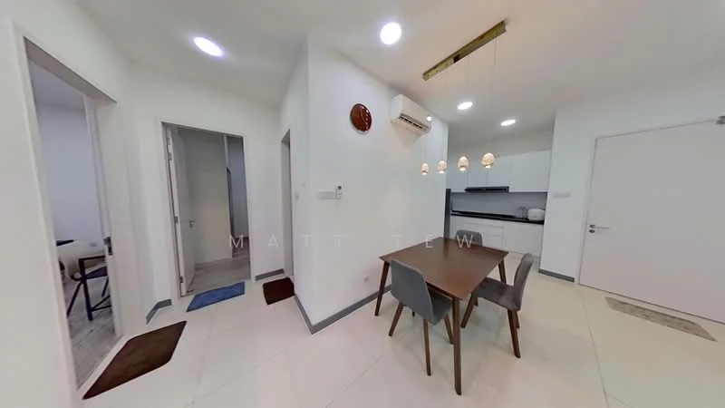Dining features: dining table with four chairs, pendant lighting above table, white painted walls, tile flooring, wall-mounted air conditioning unit, clock on wall, doorway leading to hallway, doorway leading to kitchen; style: modern. Room features: white painted walls, tile flooring, doorway leading to another room.