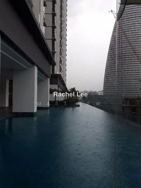 Exterior type: high-rise condominium; features: infinity pool, pool deck, surrounded by greenery, water feature, glass railing, modern architecture, city skyline in background; style: modern.