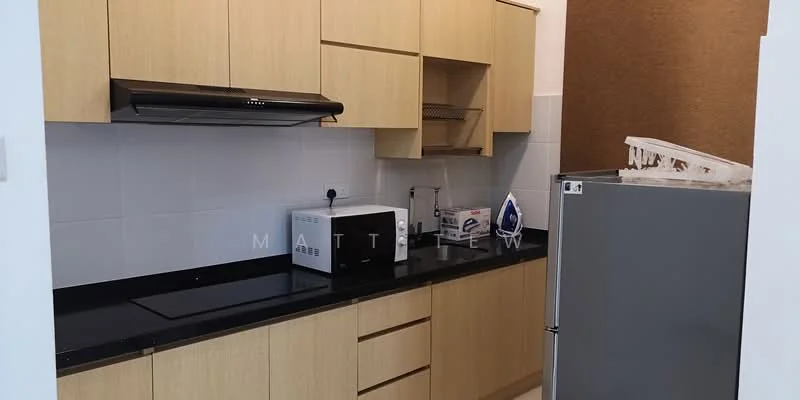 Kitchen features: light wood cabinetry, black granite countertop, stainless-steel fridge, microwave, built-in range hood, single-bowl stainless-steel sink, chrome pull-down faucet, white tiled backsplash, ceramic tile flooring, iron, kitchen utensils, open shelving; style: modern.