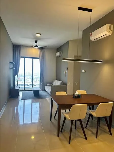 Living features: grey painted walls, glossy tile flooring, 5-blade ceiling fan with light, recessed downlights, floor-to-ceiling windows, sliding glass door, curtains, sofa in white, coffee table, TV console, wall-mounted TV, area rug in grey, dining table with 4 chairs; style: modern; view: city.