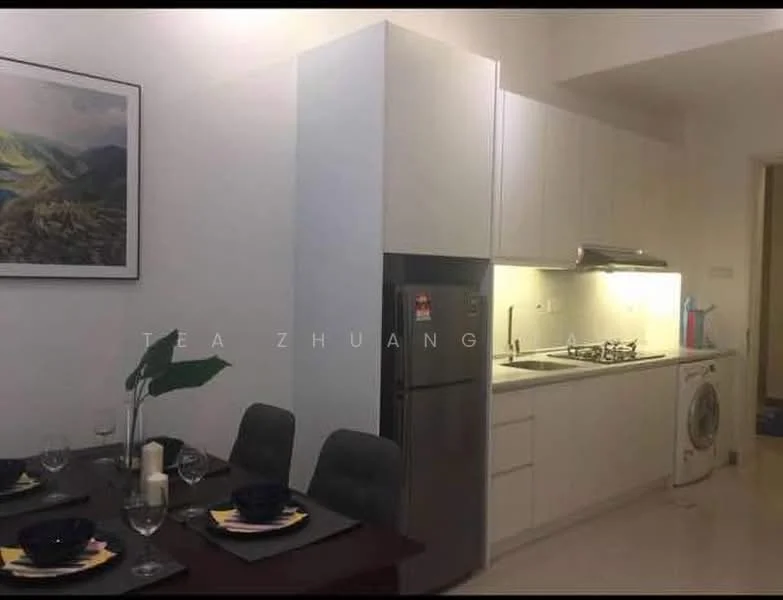Kitchen features: white cabinetry, stainless-steel fridge, built-in oven, 4-burner gas hob, stainless-steel range hood, single-bowl stainless-steel sink, white tiled backsplash, washing machine, dining table with 4 chairs, table setting with plates and cutlery, wall-mounted light, floor tiles, window with natural light; style: modern.