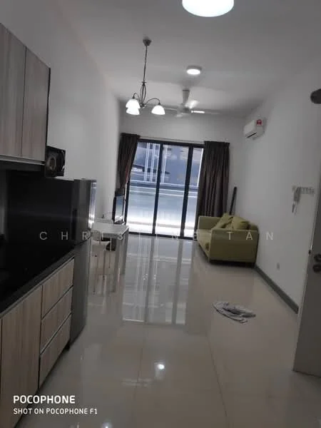 Living features: white painted walls, glossy tile flooring, 5-blade ceiling fan with light, 3-bulb pendant light, floor-to-ceiling windows, sliding glass door, brown curtains, green fabric sofa, glass coffee table, TV console, wall-mounted TV, decorative items on coffee table; style: modern; view: city.