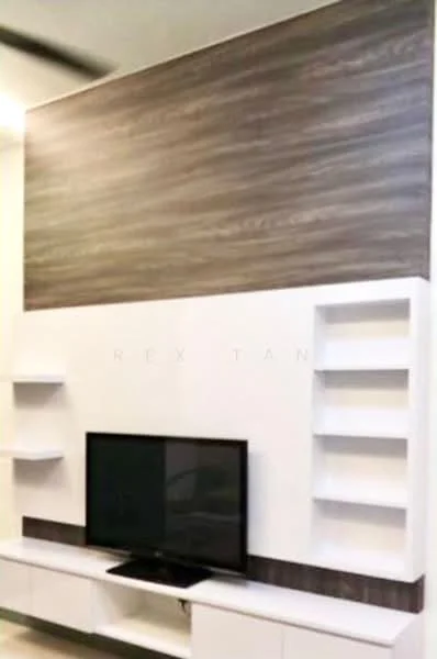 Living features: wall-mounted TV, white TV console, wood accent wall, open shelving units, light-colored cabinetry, neutral color scheme, modern design; style: modern.
