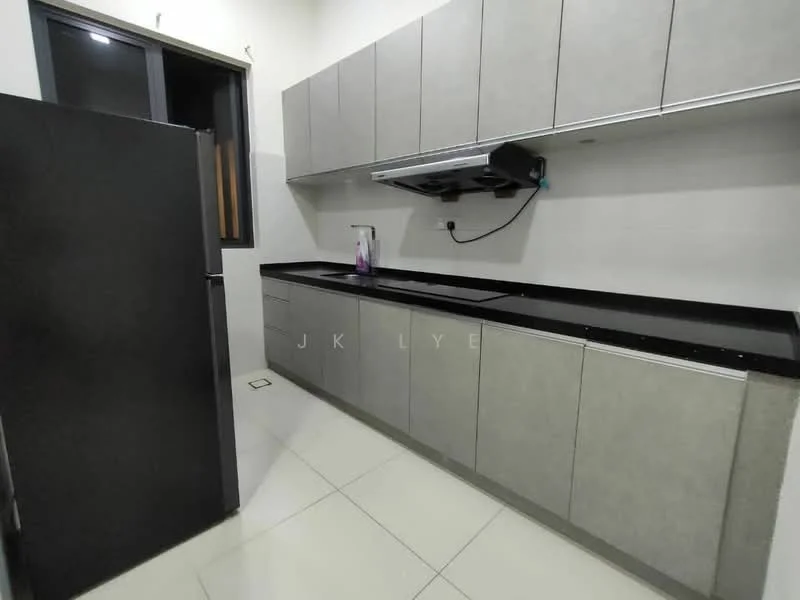 Kitchen features: grey cabinetry, black countertop, stainless-steel fridge, built-in range hood, single-bowl stainless-steel sink, chrome pull-down faucet, wall-mounted cabinets, ceramic tile flooring, window for natural light; style: modern.