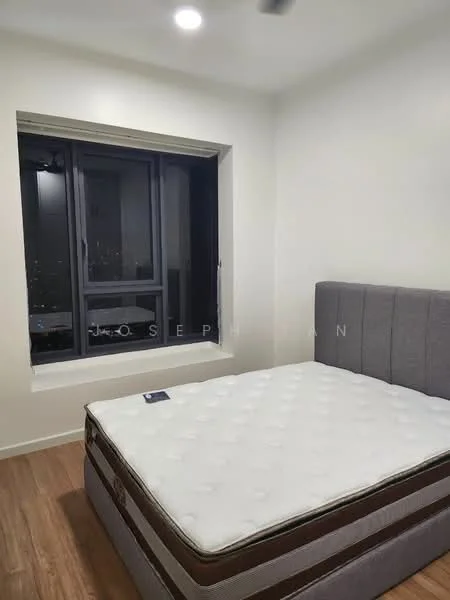 Bedroom features: queen-size bed, upholstered headboard, wooden flooring, floor-to-ceiling window, white painted walls, recessed downlights, ceiling fan, city view; style: modern; view: city.