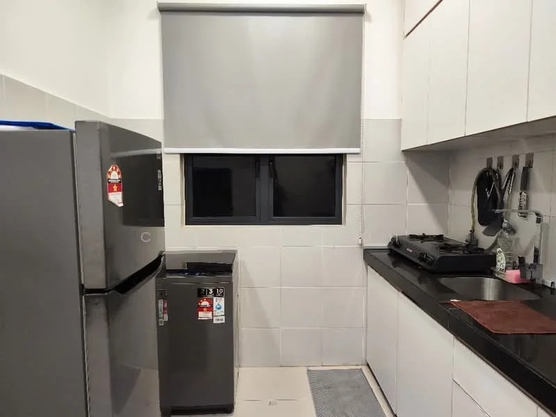 Kitchen features: black granite countertop, white cabinetry, stainless-steel fridge, stainless-steel gas stove, black sink, grey roller blinds, white tiled walls, light-colored flooring, kitchen utensils on wall rack, small trash bin; style: modern.