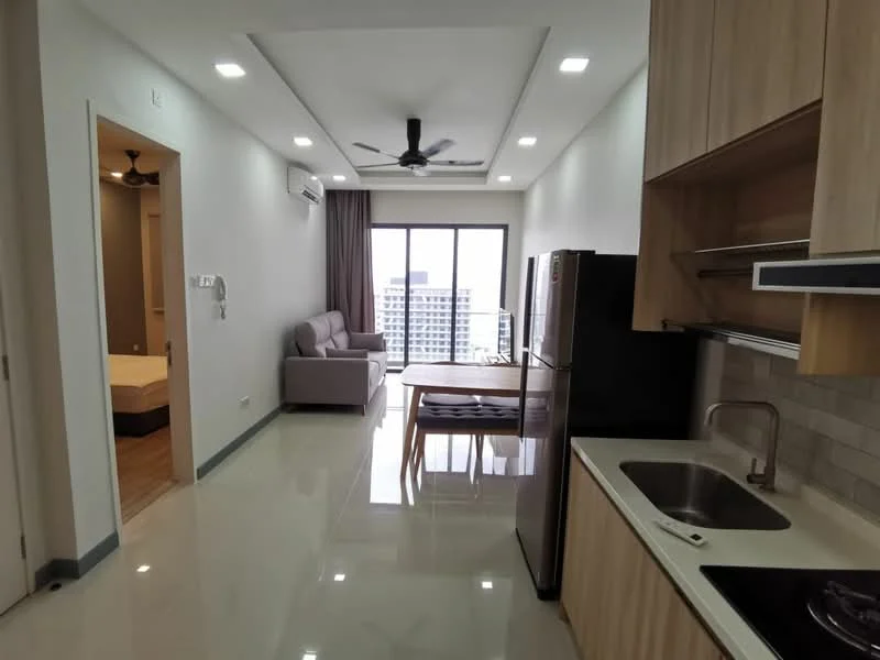 Living features: 3-seater fabric sofa in grey, coffee table, floor-to-ceiling windows, sliding glass door, ceiling fan with light, recessed downlights, marble tile flooring, curtains, wall-mounted air conditioning unit, decorative wall paneling; style: modern; view: city. Kitchen features: stainless-steel fridge, single-bowl stainless-steel sink, chrome pull-down faucet, ceramic tile backsplash, built-in oven, 4-burner gas hob, wood cabinetry, countertop with overhang for seating; style: modern. Bedroom features: queen-size bed, built-in wardrobe, wood flooring, window with city view, bedside lamps; style: modern; view: city.